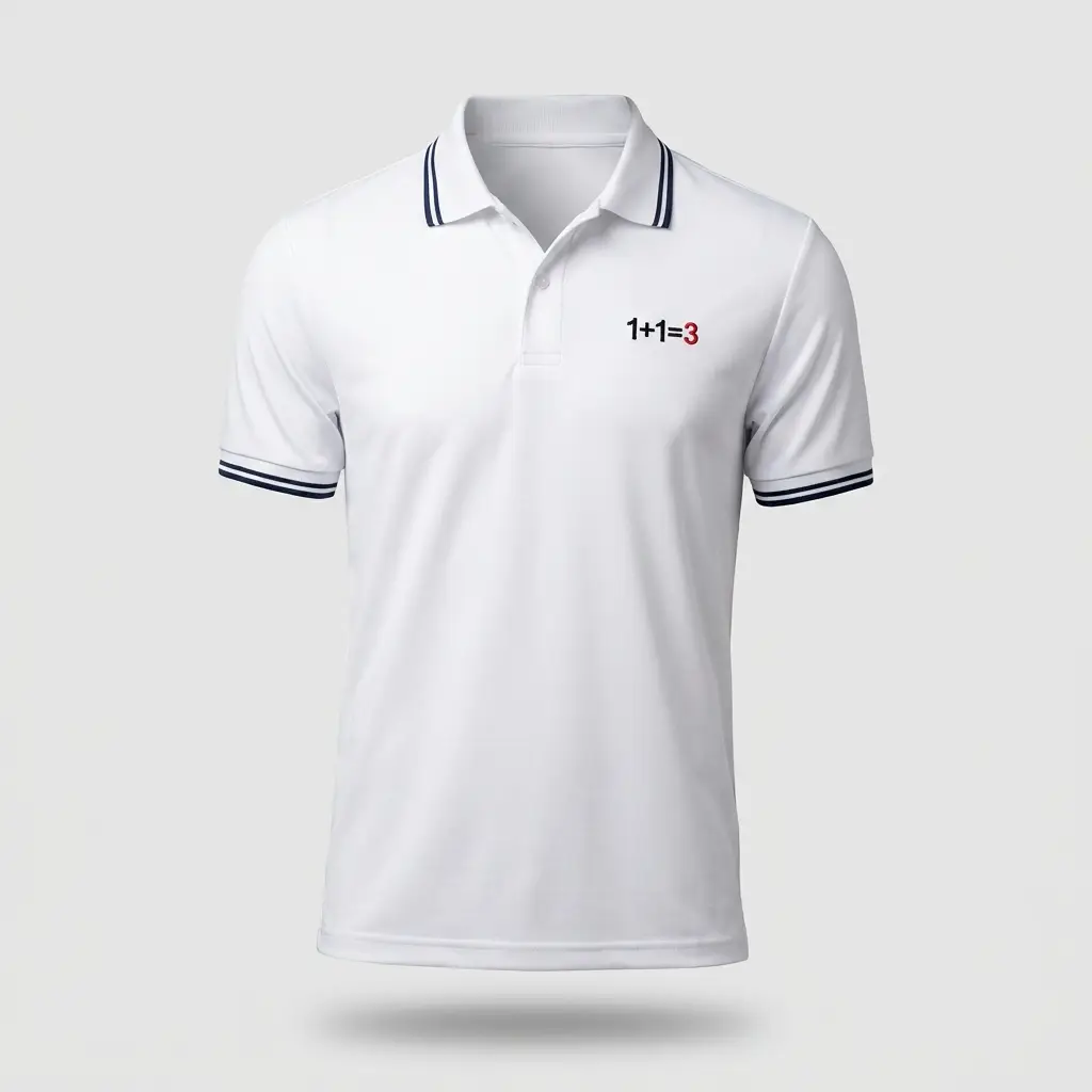 Polo deportivo blanco de hombre con rayas azul marino en cuello y puños y logo 1+1=3